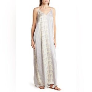 Love Stitch Boho Maxi Dress Blue Floral Satin Size M Summer Vacation Resort Chic